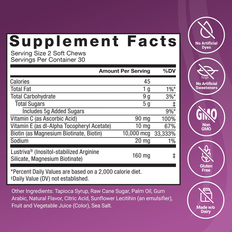 Force Factor Hair Growth Accelerator Soft Chews with Lustriva | Hair Growth Vitamins for Women & Men with Clinically Studied Lustriva & Biotin for Thicker, Fuller Hair, 60 Soft Chews 60 Count (Pack of 1)