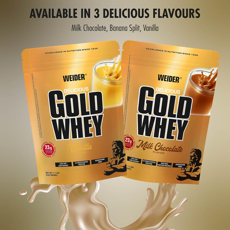 Weider Gold Whey (500g) Milk Chocolate Flavour. Ultrafiltrated Proteins from 100% Whey Protein Concentrate, 23g Protein/Serving, Low Fat, Low Sugar, Delicious, Extra Creamy Texture, Aspartme Free