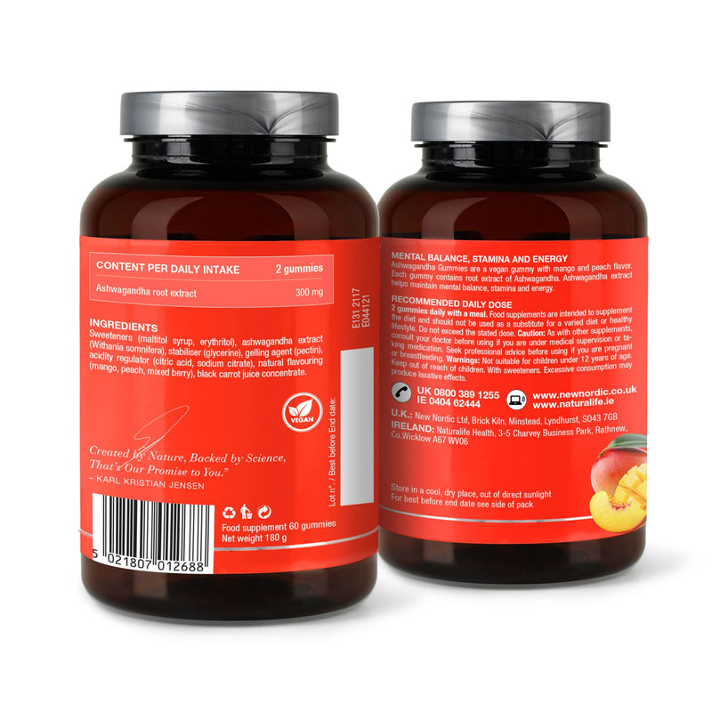 New Nordic Ashwagandha Gummies, Root Extract Supplement, Mango & Peach Flavour, Vegan, 60 Gummies