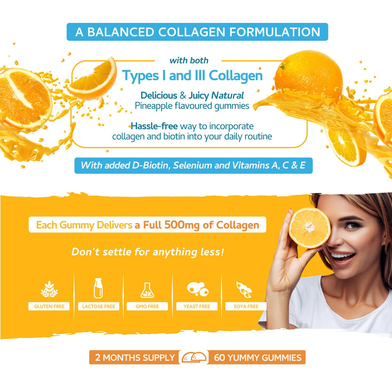Collagen Complex - 60 Natural Orange Flavour Chewable Yummy Gummies - One a Day 500mg Bovine Collagen, Biotin, Vitamin C, Selenium, Vits B6 and B12 – Healthy Skin and Hair for Men and Women – UK Made 60 Gummies