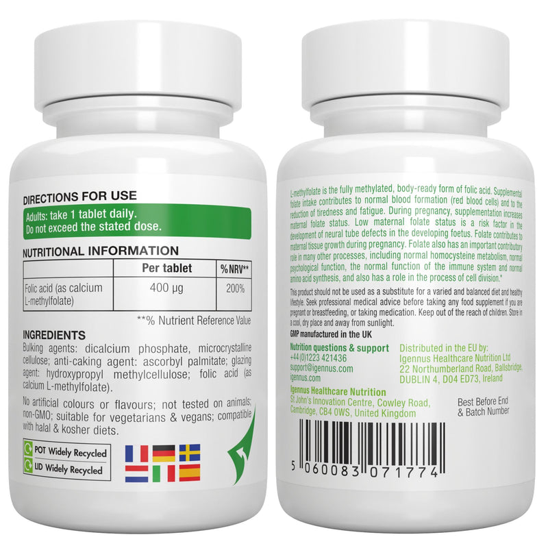 Igennus Pure Methyl Folate 400 mcg, 180 Tablets, 5-MTHF Active Folate (B9) | Clean Label, MTHFR Supplement, Lab Verified, Vegan & Suitable for Pregnancy, One-a-Day, 6 Month Supply