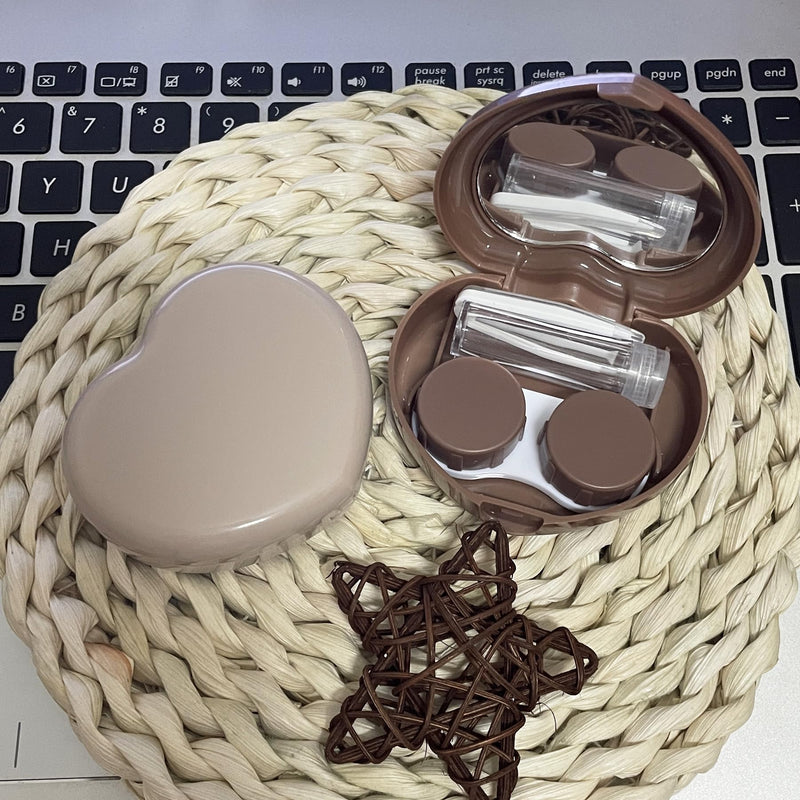 [Australia] - 2 Pack Heart Cute Contact Lens Case, Travel Contact Lens Box with Mirror Tweezers Remover Tool Solution Bottle for Outdoor Office Daily Use Beige, Light brown 