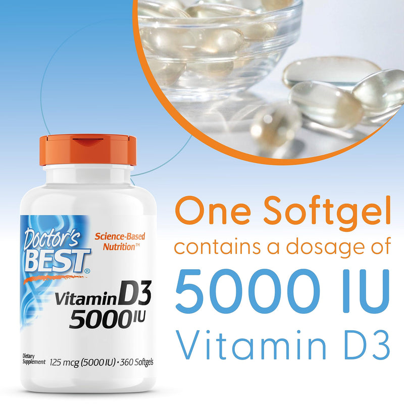 Doctor's Best, Vitamin D3, 5,000 IU, High Dosage, Depot Weekly Dose, 360 Soft Capsules, Laboratory Tested, Soy Free, Gluten Free, GMO Free 360 capsules