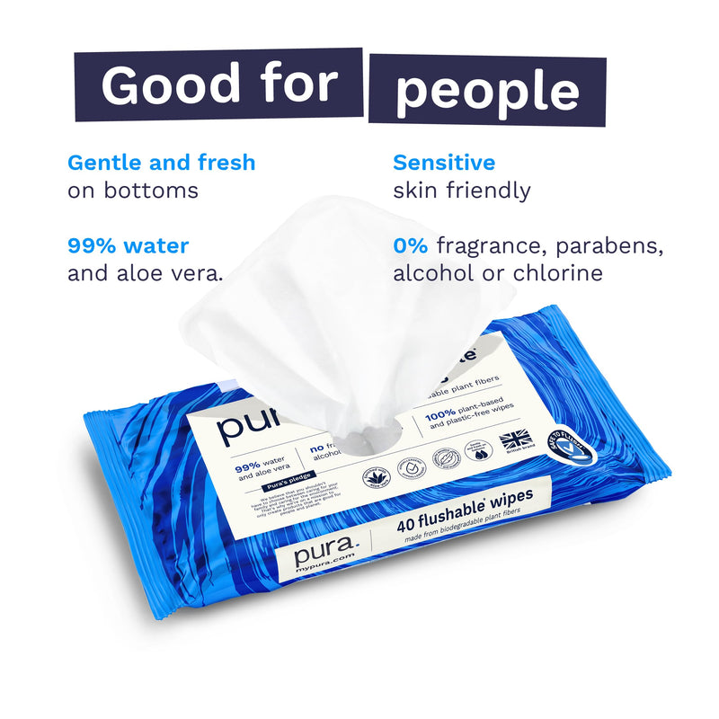 Pura Flushable Wipes 1 x 40 Toilet Wipes, 100% Plastic Free Moist Toilet Tissue, 99% Water, Totally Chlorine Free & Fragrance Free, Sensitive Skin 40 Count (Pack of 1)