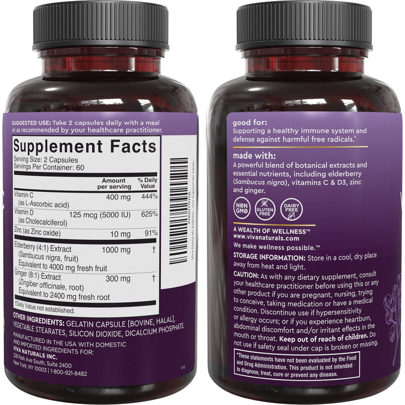 Viva Naturals Elderberry with Vitamin C and Zinc for Adults - 5 in 1 Sambucus Black Elderberry Capsules with Vitamin D3 5000 IU Immunity Supplement, Sambucus Elderberry Immune Support Supplement 120 Count (Pack of 1)