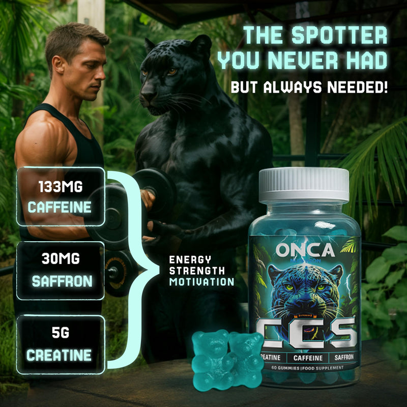 Creatine + Saffron Gummies - ONCA FITNESS – 5g Creatine Monohydrate, Caffeine from Guarana & Saffron Extract – Strength, Energy & Motivation – Vegan – Blueberry Flavour – 60 Gummies