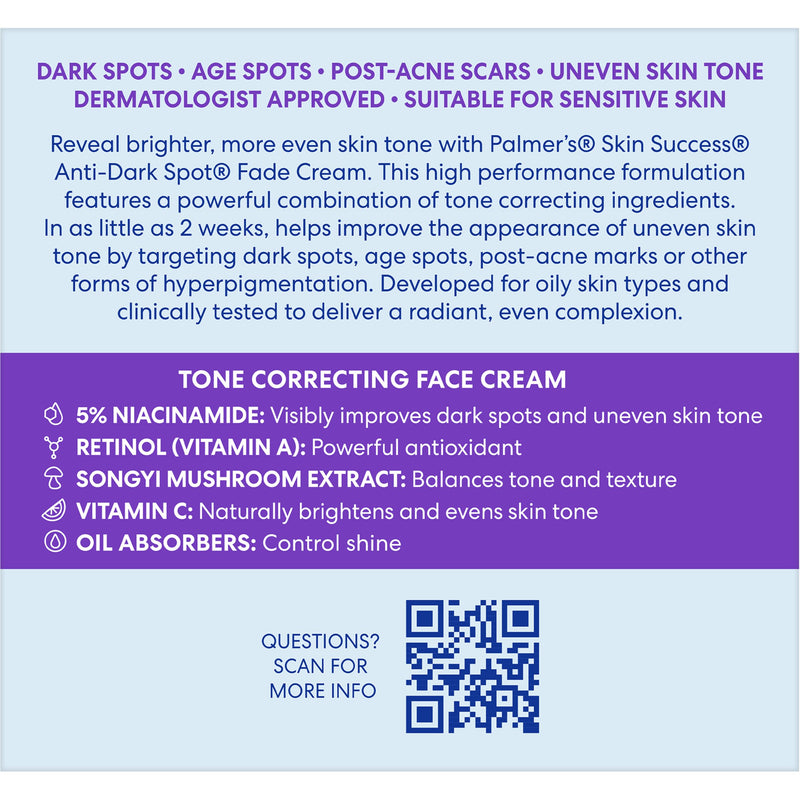 Palmer's Skin Success Anti Dark Spot Face Cream with Vitamin E (2.7 Oz) | Fade Cream with Niacinamide, Helps Reduce Dark Spots, Age Spots, and Unevens Skin Tones for Brighter, More Radiant Skin 2.7 Fl Oz (Pack of 1)