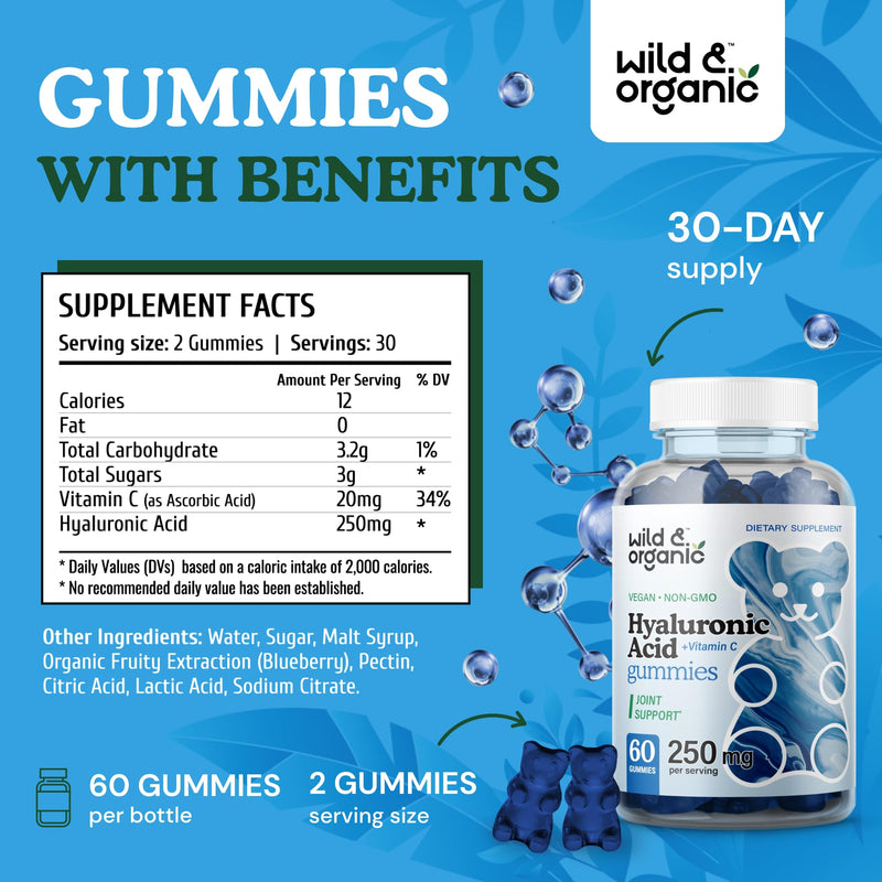[Australia] - Hyaluronic Acid Gummies 250mg - Pure Hyaluronic Acid Supplements for Joints - Hair Skin and Nails Gummies w/Hyaluronic Acid Powder - Skin Supplement w/Vitamin C Hyaluronic Acid - 60 Vegan Chews 