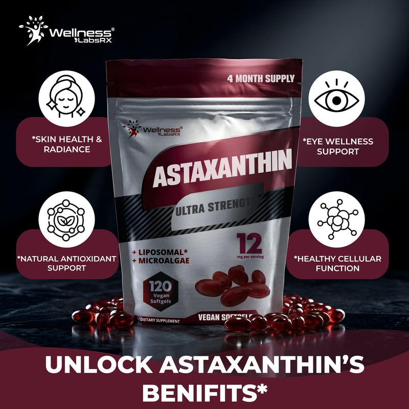 Liposomal Astaxanthin Supplement 12mg, 120 Vegan Softgels, 4 Month Supply | Natural Haematococcus Pluvialis Source, Skincare and Eye Support, Antioxidant Support, Eye Health Vitamins Astaxantina