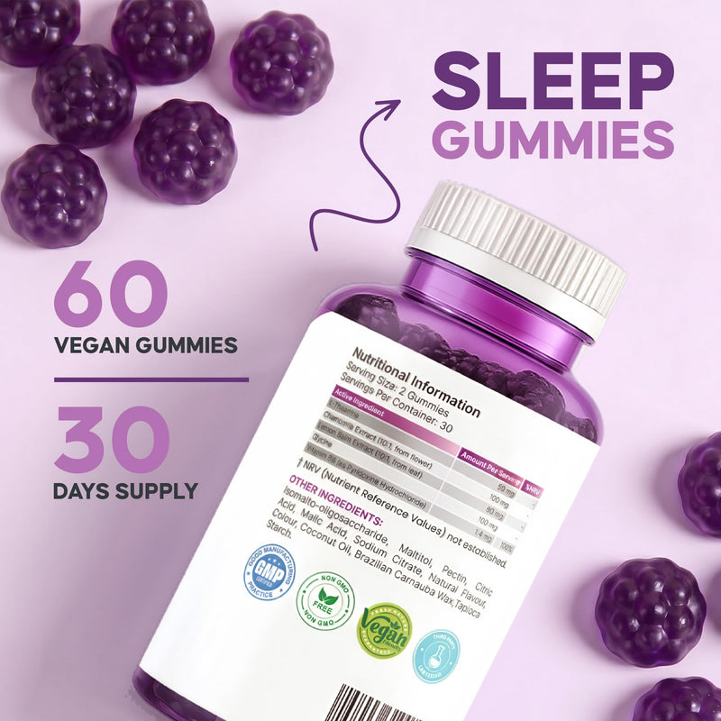 Natural Sleep Support for Men & Women – Supports Calm Mood, Relaxation & Restful Sleep – 60 Vegan Gummies - with L-theanine, Chamomile Extract, Lemon Balm Extract, Glycine and Vitamin B6