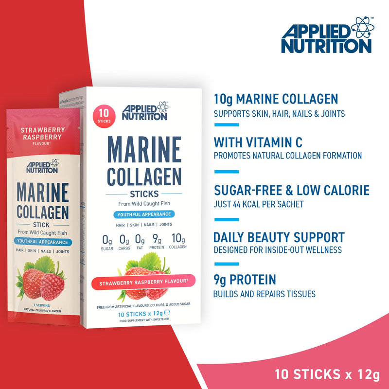 Applied Nutrition – Marine Collagen Stick | Vitamin C + Best Collagen Supplement | Best Beauty Support | Skin, Hair & Joint Health | Strawberry Raspberry | 10 x 12g Sticks 10 Count (Pack of 1)