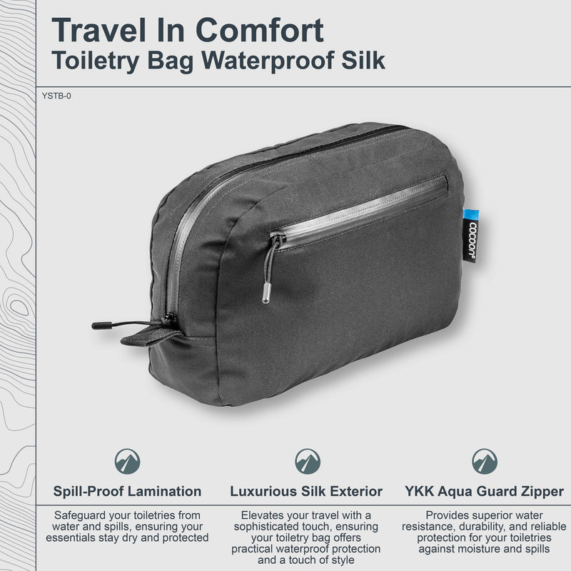 COCOON Monsoon Silk Toiletry Bag - Black | Monsoon Silk exterior, Spill-proof TPU-laminated interior, YKK AquaGuard zipper, Compact toiletry storage