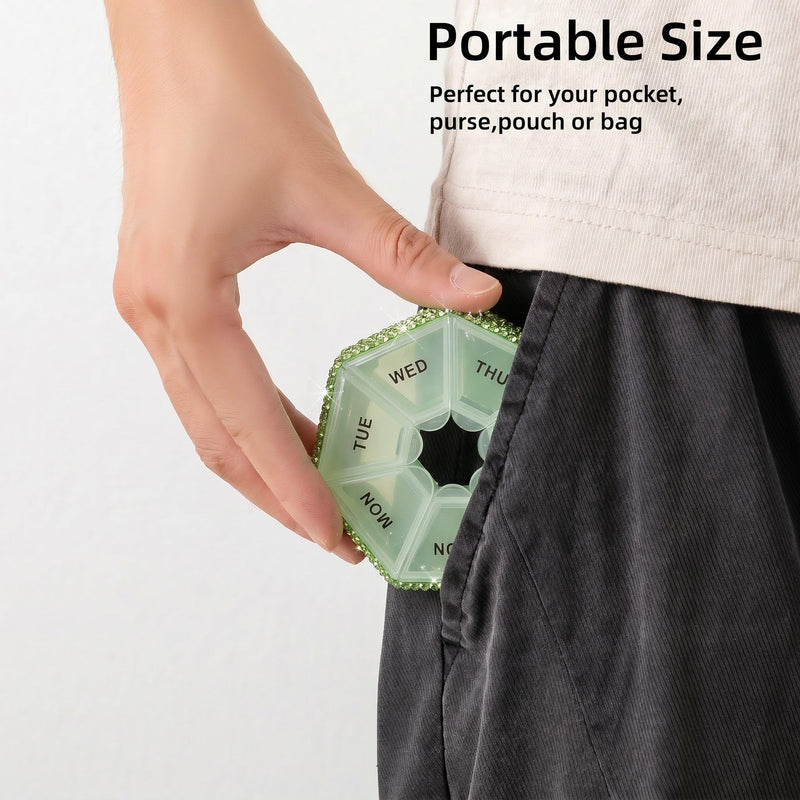 Round Pill Organizer Small Weekly Pill Case for Purse Bling Cute Medicine Pill Box Compact Vitamin Container 7 Day Daily Pill Holder Planner(Green) Z-【limited Edition】green