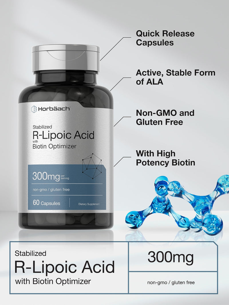 Horbäach Stabilized R-Lipoic Acid 300mg | 60 Capsules | with Biotin Optimizer | Non-GMO, Gluten Free | Na-RALA Supplement 60 Count (Pack of 1)