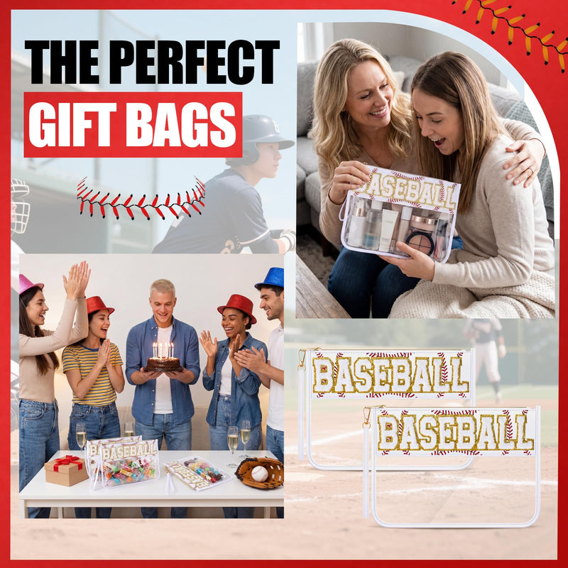 6 Pcs Baseball Gifts White Chenille Letter Makeup Bags Nylon Clear Cosmetic Bags Toiletry Zipper Pouch Travel Purse for Sports Women Party Holiday Favor 6
