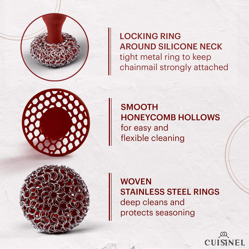[Australia] - Cuisinel Cast Iron Chainmail Scrubber + Pan Scraper - The Patented Original Ergonomic Stainless & Silicone Pot & Skillet Cleaner - Premium Food-Safe Design - Easy Clean Dishwasher Safe Cookware Sponge Standard Red Chainmail + Scraper 