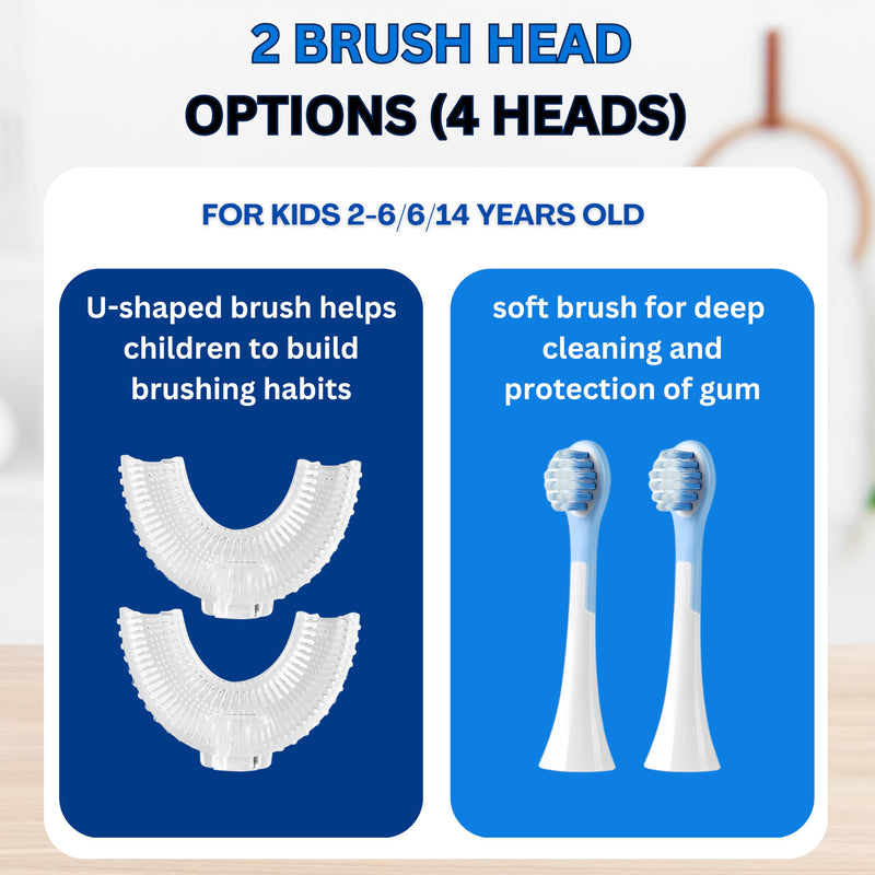 [Australia] - LOOT Kids U Shaped Electric Toothbrush with 4 Brush Heads, 5 Cleaning Modes, Sonic Toothbrush Kids with 60s Smart Reminder, Cartoon Dinosaur 360-Degree Cleaning IPX7 Waterproof Design (Blue, 2-6) Blue 1 Count (Pack of 1) 