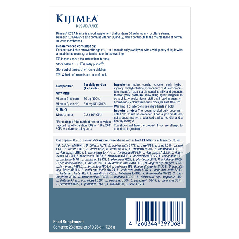 Kijimea® K53 Advance – High-Dose microculture strains | 53 Strains of Intestinal Bacteria | Enriched with Vitamin B3 and B7 | >500 Billion CFU per Pack | Lactose-Free, Gluten-Free | 28 Capsules 28 count (Pack of 1)