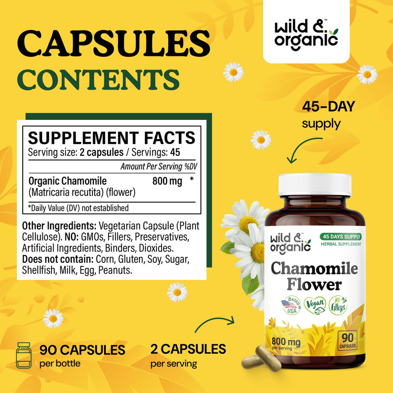 [Australia] - Wild & Organic Chamomile Capsules 800 mg - Relaxation & Digestive Support - Herb Chamomile Powder Supplement - Matricaria Recutita Flower - Vegan, No Fillers, Non-GMO - 90 Count 