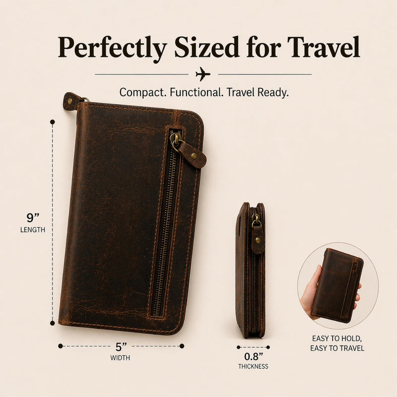 Brown Leather Passport Holder Travel Document Organizer Wallet for Family Couples with Card Slots ID Window Zipper Closure for Multi Passport Storage (5 x 9) Brown Leather Passport Holder