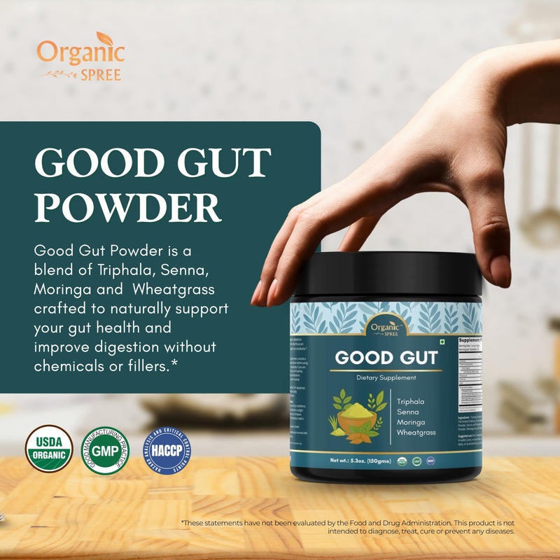 Organic Spree Good Gut Powder – 150 g (5.3oz) | USDA Organic Certified | Ayurvedic Blend of Triphala, Moringa, Wheatgrass & Senna (1) 1