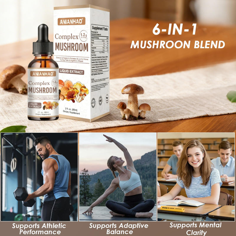 Mushroom Complex 6 1200mg | Mushroom Supplement with Lions Mane, Reishi, Agaricus, Shiitake, Turkey Tails & Maitake | High Strength for Immune, Brain, Focus & Energy | 100% Vegan 60ml