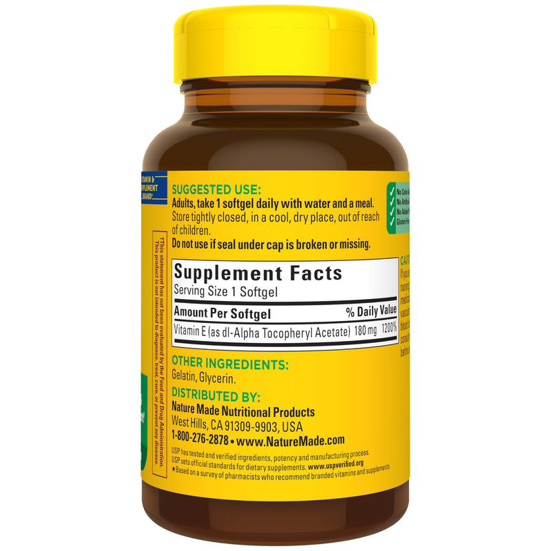 Nature Made Vitamin E 180 mg (400 IU) dl-Alpha, 180 Softgels 180 Count (Pack of 1)