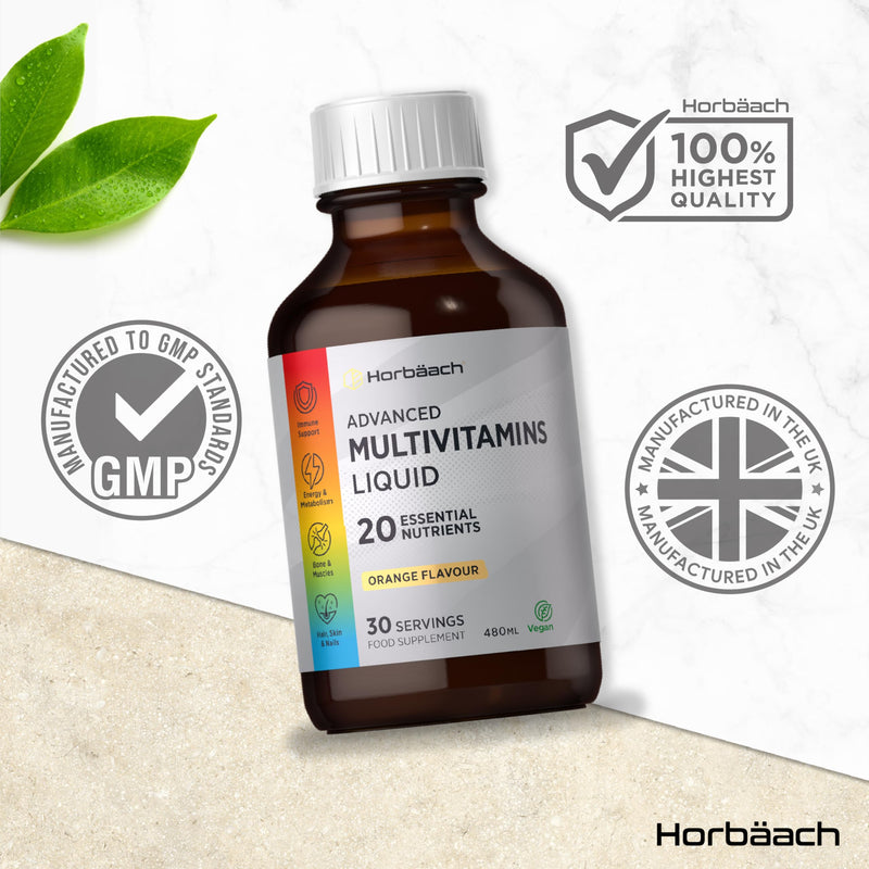 Multivitamin Liquid for Adults | 480mL (30 Servings) | Orange Flavour | 20 Essential Nutrients for Overall Wellness | Vegan Food Supplement | By Horbaach