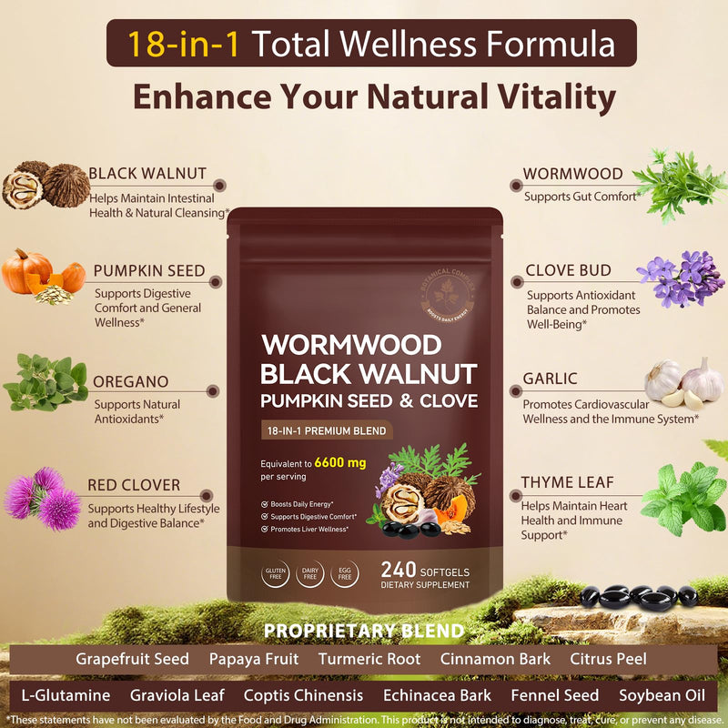 Wormwood Black Walnut and Clove Softgels, 6600mg High Strength Formula for Humans with Pumpkin Seed, Garlic, Turmeric & Oregano, Supports Digestive, Liver Wellness & Daily Energy, 240 Softgels