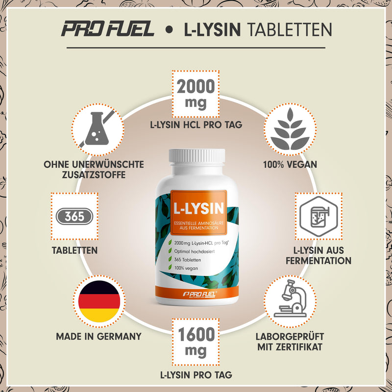 [Australia] - L-lysine tablets 365x - optimally high dose with 2000 mg lysine HCL per day, of which 1600 mg pure L-lysine - essential amino acid from fermentation - 100% vegan - laboratory tested with certificate 1x 365 tablets 