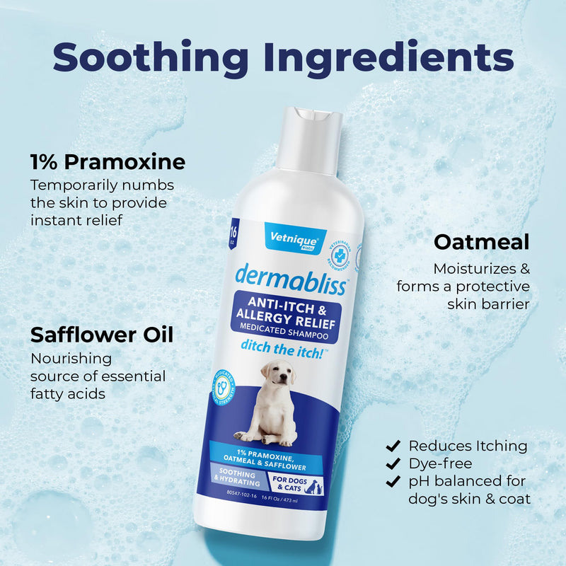 Vetnique Dermabliss Allergy Chews 30ct and Dermabliss Anti Itch Dog Shampoo Hickory Salmon Soft Chew Supplement Dog Allergy Shampoo - PawsPlanet Australia