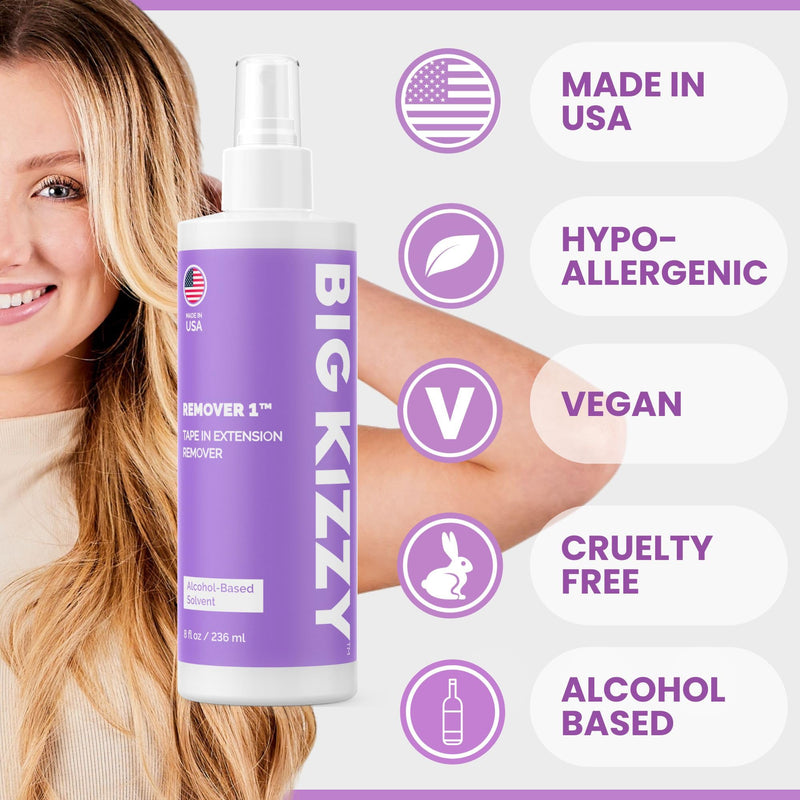 Big Kizzy Tape in Extension Remover Spray - Remover 1 (8oz) - Fastest and Easiest Tape In Remover - Compatible with all Human Hair Extension Tape