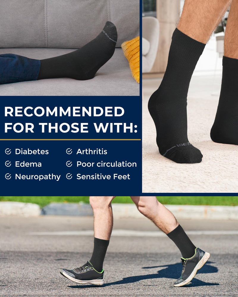 [Australia] - Pembrook Diabetic Socks for Men - 6 Pairs Crew Diabetic Neuropathy Socks for Men | Non Binding Black - 6 Pairs Large 