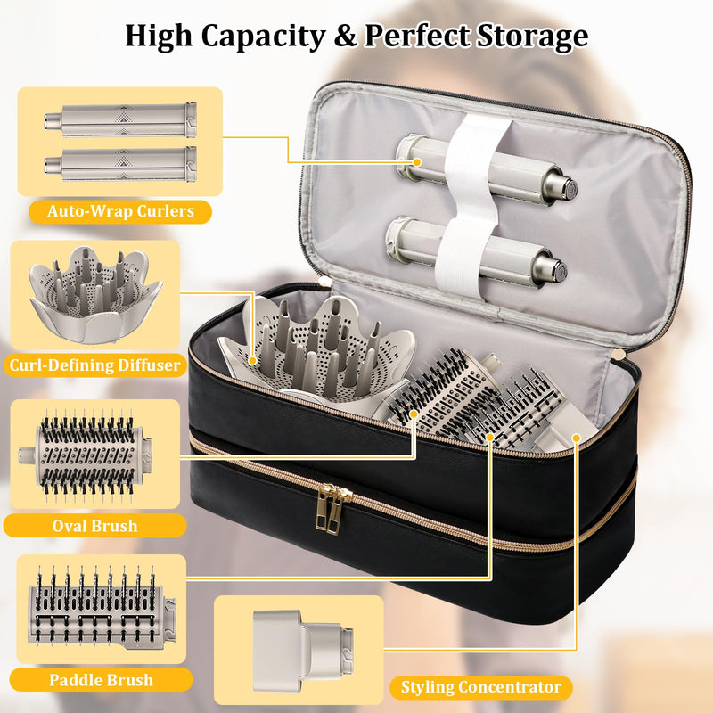 Travel Carrying Case for Shark Flex Style, Double Layer Storage Case for Shark SpeedStyle Hair Dryer Attachments, Waterproof PU Leather Organizer Bag (Black+Dianthus White)