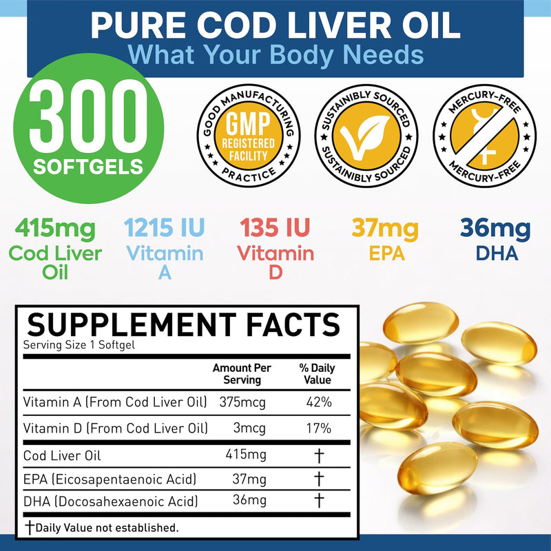 Cod Liver Oil 300 Softgels, Burpless Omega 3 with EPA & DHA, Vitamin A & D | Norwegian Fish, Easy-to-Swallow Capsules for Immune Support, No Fishy Aftertaste, Heart Brain Eye Immune, Easy on stomach 1 Count (Pack of 300)