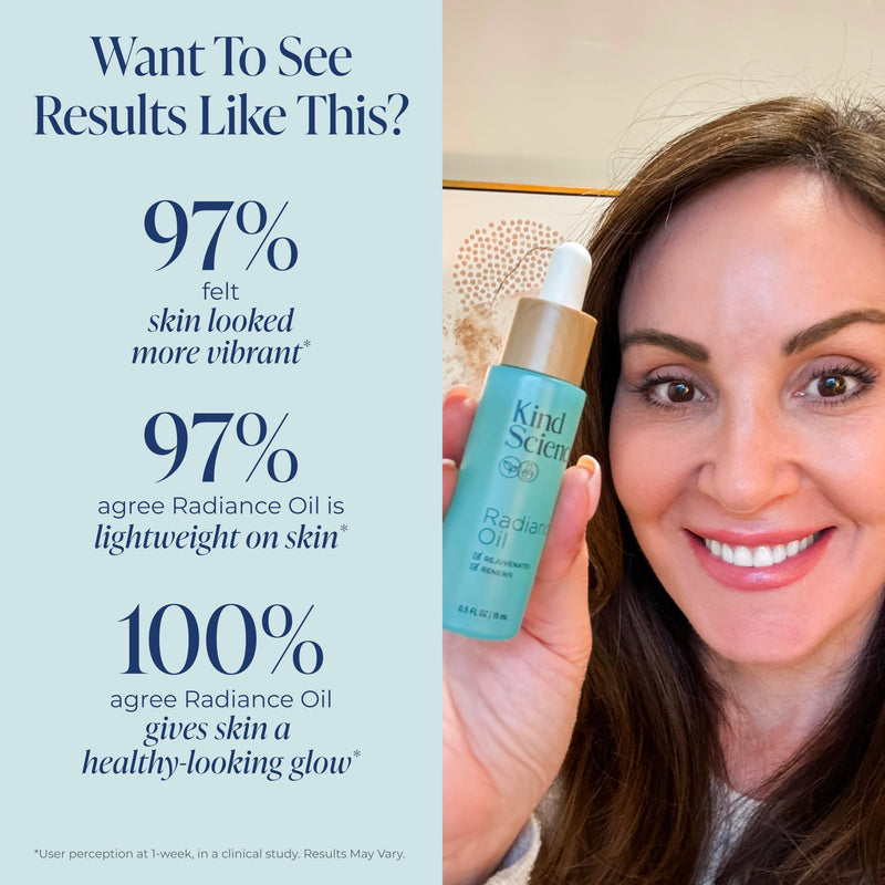 Kind Science Radiance Face Oil - Hydrating with Vitamin E, C & A, Bakuchiol, Jojoba & Moringa Oil - Anti Aging to Give Skin a Fresh, Dewy Look - Vegan, Paraben Free, Cruelty Free, 0.5 fl oz