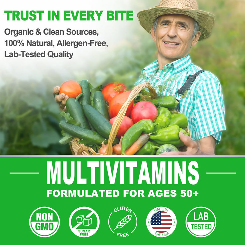 Multivitamin for Men 50 + Plus, Sugar Free Men Multivitamins Gummies w/Omega-3, Coq10, D3k2, Calcium, Magnesium, Zinc, Vitamins A, C & E, Mens Vitamins for 𝖧𝖾𝖱𝗍, Antioxidant, Brain, Bone, 60cts