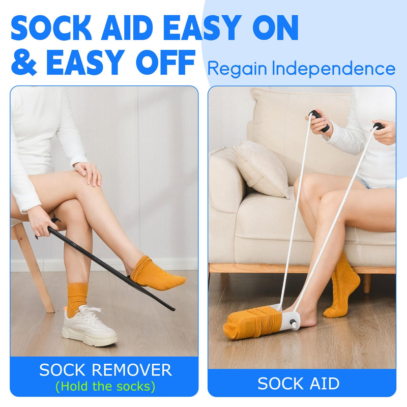 [Australia] - Sock Aids for Putting On Socks Kit - (Sock Helper + 35 Inch Dressing Stick with Sock Remover & Shoe Horn) - Flexible Sock Assistant Device for Seniors & Limited Mobility No Bending 