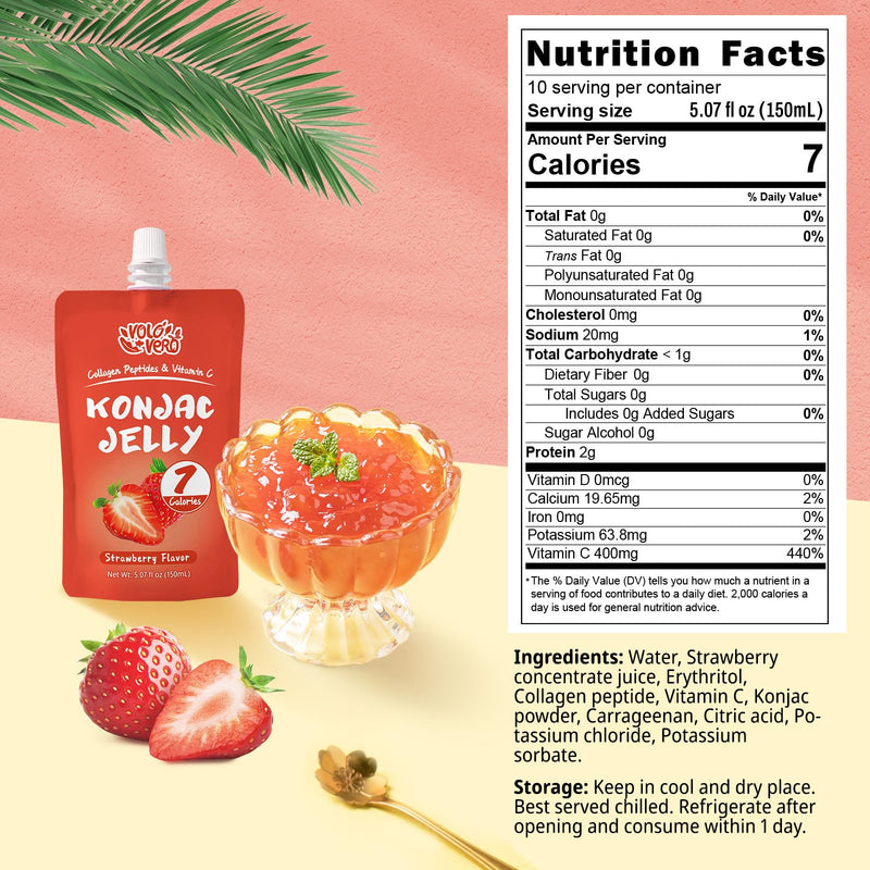 Konjac Jelly Drinkable Pouch with Collagen Peptides and Vitamin C, 20 Packs, 7 Calories, Strawberry and Orange Flavor, Gluten Free, Keto,Zero Sugar, Healthy Fruit Sweet Snacks Gifts,