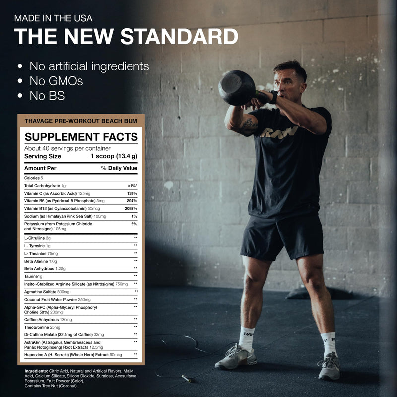 [Australia] - RAW Pre Workout Powder, Thavage (Beach Bum) - Chris Bumstead Sports Nutrition Supplement for Men & Women - Cbum Pre Workout for Working Out, Hydration, Mental Focus & Energy - 40 Servings Beach Bum 