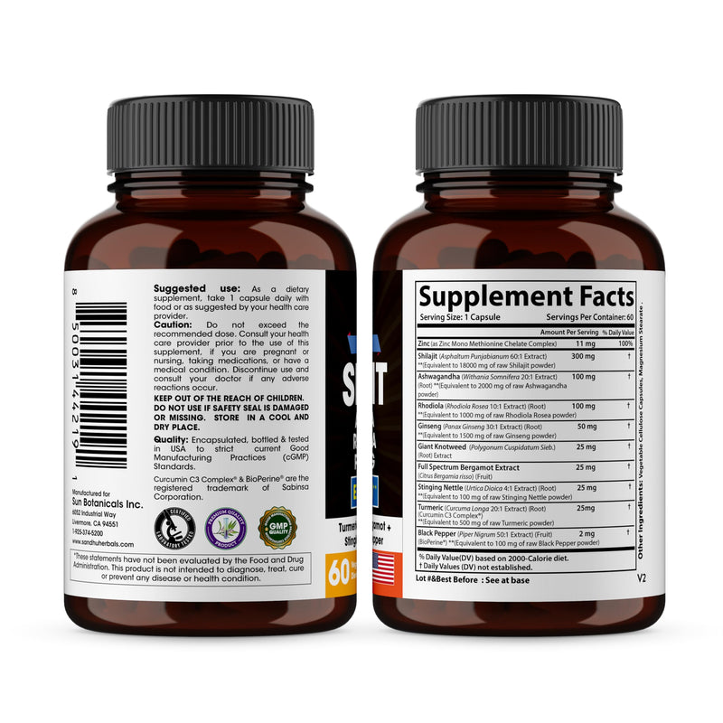 [Australia] - Sandhu Herbals Shilajit Pure Himalayan 18000mg, 60 capsules with Ashwagandha 2000mg, Rhodiola Rosea 1000mg, Panax Ginseng 1500mg, Stinging Nettle 100mg supplement for men | Made in USA 60 Count (Pack of 1) 