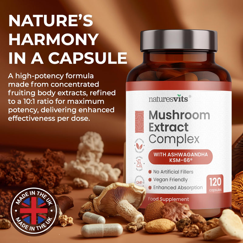 4000mg 6 Mushroom Complex with Ashwaghandha KSM-66, Lions Mane, Cordyceps, Shiitake, Reishi, Chaga and Maitake, 120 Capsules, 2/Day Focus and Brain Support Herbal Nootropic - 40% Polysaccharides