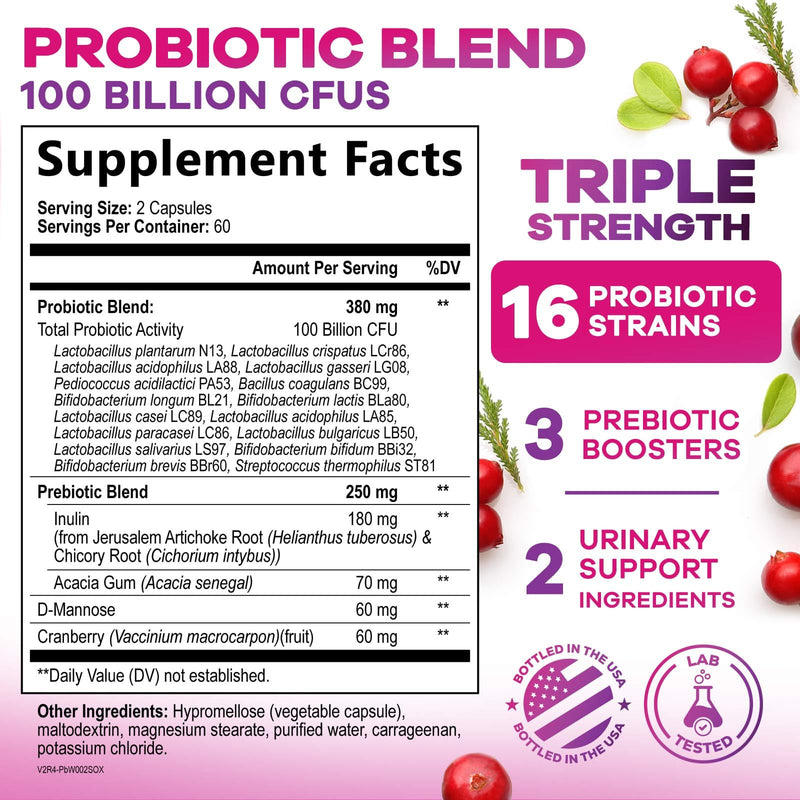 Probiotics for Women 100 Billion CFU Per Serving - 16 Unique Strains, Prebiotics Cranberry & Lactobacillus, PH Balance, Digestive & Gut Health, Vaginal & Immune Support Women's Probiotic, 120 Capsules 120 Count (Pack of 1)