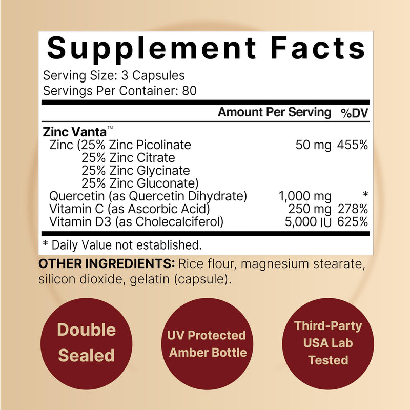 [Australia] - NatureBell Zinc Quercetin with Vitamin C & D3, 240 Capsules | Quercetin 1,000mg + Zinc 50mg + Vitamin C 250mg + Vitamin D3 5,000 IU | 4-in-1 Advanced Immune & Lung Support | ZincVanta Formula 240 Count (Pack of 1) 