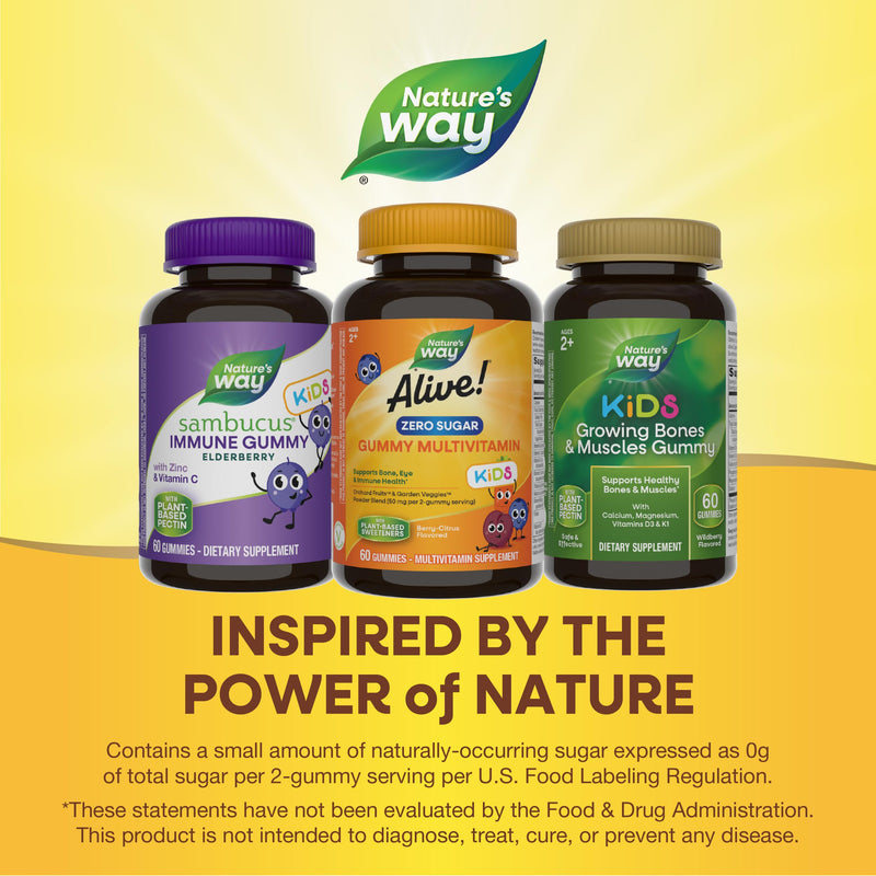 [Australia] - Nature's Way Alive! Kids Zero Sugar Gummy Multivitamins, for Kids Ages 2+, Supports Bone, Eye & Immune Health*, No Sugar Alcohols, Plant-Based Sweeteners, Berry-Citrus Flavored, 60 Gummies 