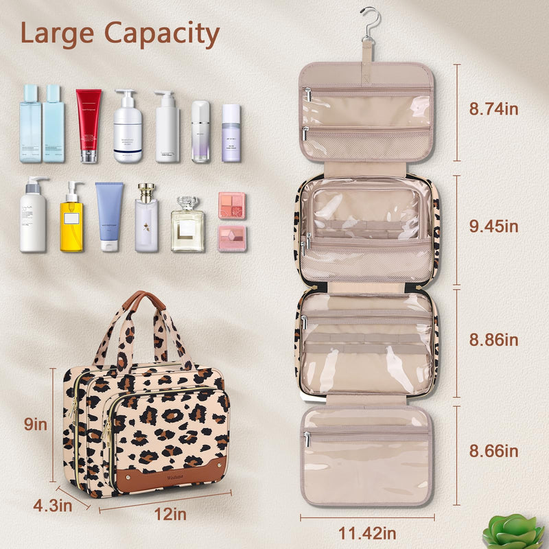 Toiletry Bag for Women, Hanging Travel Toiletry Bag with Jewelry Organizer Compartment Large Makeup Bag, PVC Waterproof Cosmetic Travel Bag Trips Camping Bathroom, Leopard Print