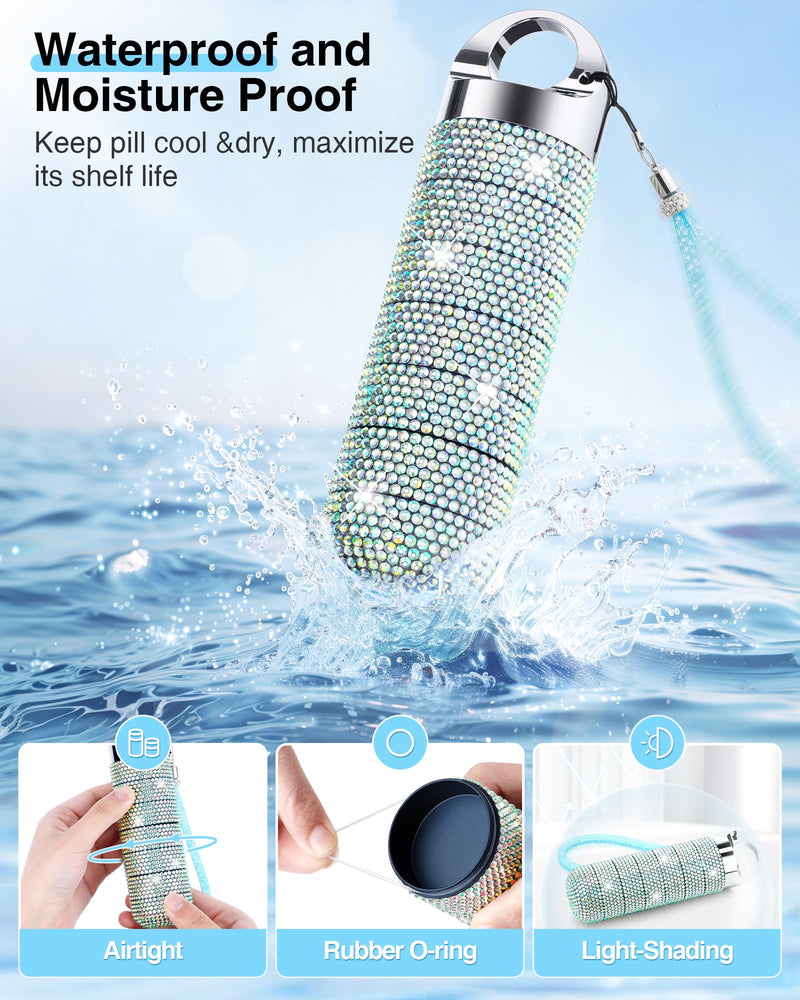 Zannaki Metal Bling Pill Organizer, Travel Waterproof Weekly Pill Box, Portable Large Aluminum Alloy Pill Case Container, BPA Free 7 Day Daily Medicine Organizer Holder for Vitamin,Fish Oil,Supplement Bling Pink