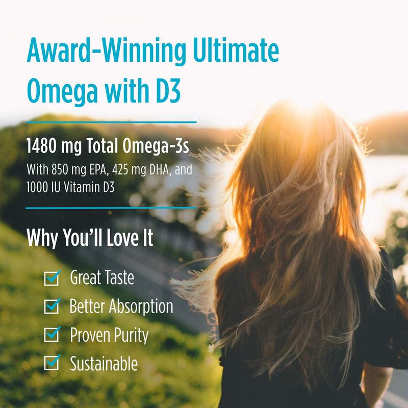 [Australia] - Nordic Naturals Ultimate Omega Xtra, Lemon Flavor - 60 Soft Gels - 1480 mg Omega-3 + 1000 IU Vitamin D3 - Omega-3 Fish Oil - EPA & DHA - Brain, Heart, Joint, & Immune Health - 30 Servings Standard Packaging 