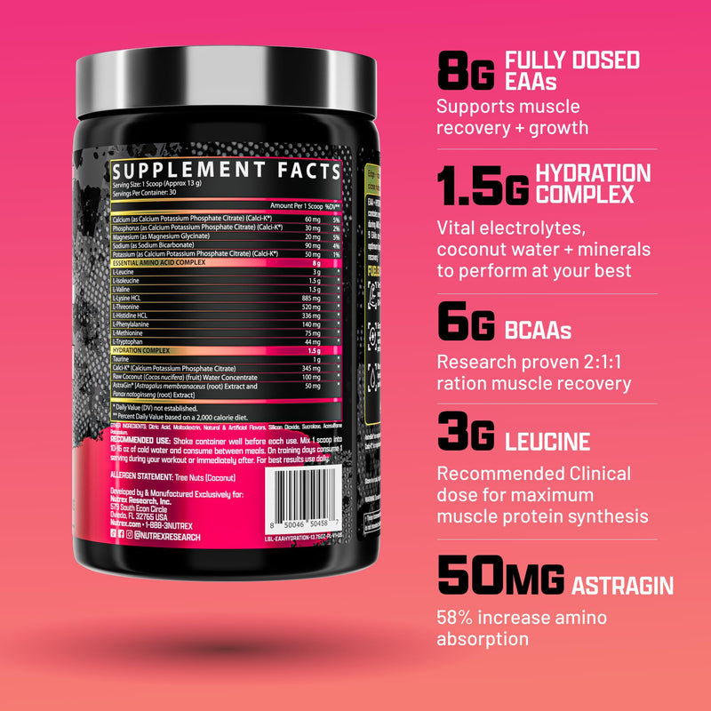 Nutrex Research EAA Hydration | EAAs + BCAA Powder | Muscle Recovery, Strength, Muscle Building, Endurance | 8G Essential Amino Acids + Electrolytes | (Packaging My Vary) 30 Servings (Pink Lemonade) Pink Lemonade