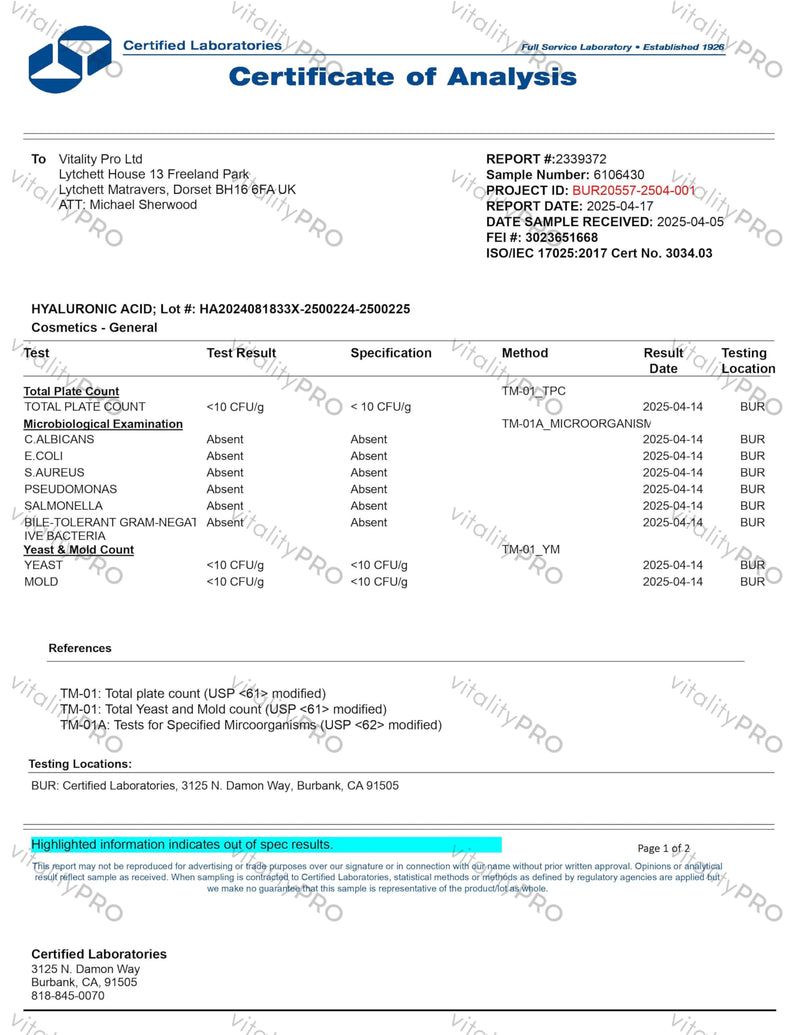 vP Vitality Pro Hyaluronic Acid 316mg x 120 Capsules | Third Party Tested, Over 98.4% Purity, High Molecular Weight Supplement